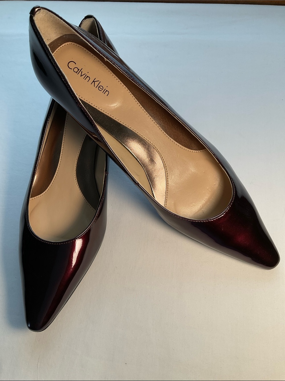 Calvin Klein Women's Pointed Patent Kitten Heel Pumps in Deep Burgundy